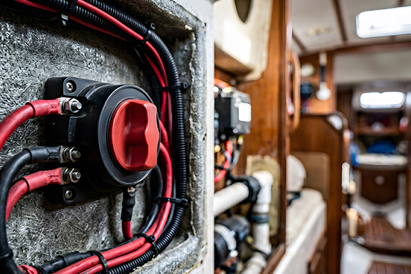 Marine electrical panel with wiring and red switch inside a yacht.
