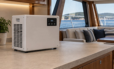Marine dehumidifier on a yacht countertop with a scenic view outside.