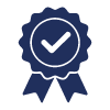 Blue badge icon with checkmark and ribbon detail